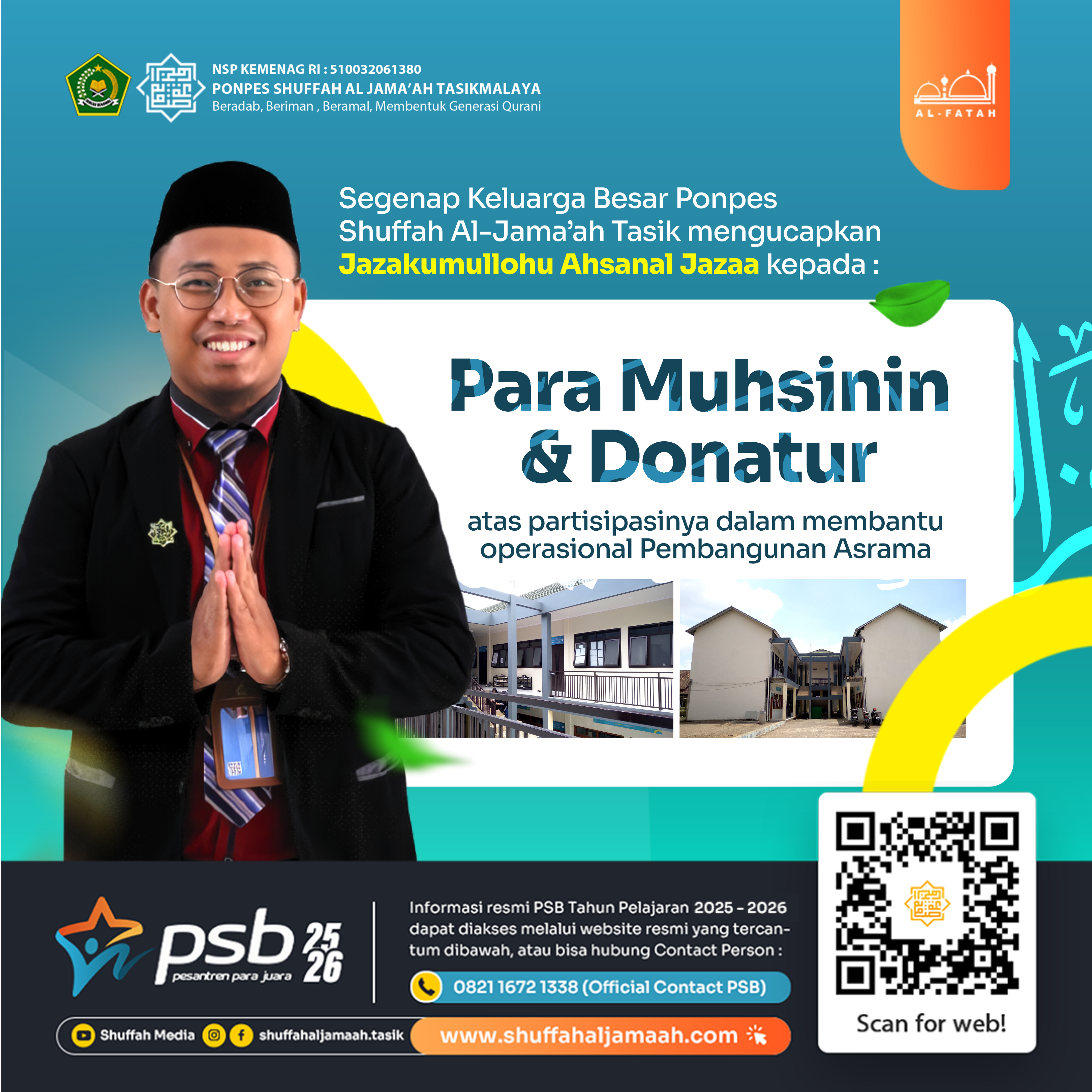 Ucapan Terimakasih Kepada Donatur atas Donasi Pembangunan Asrama